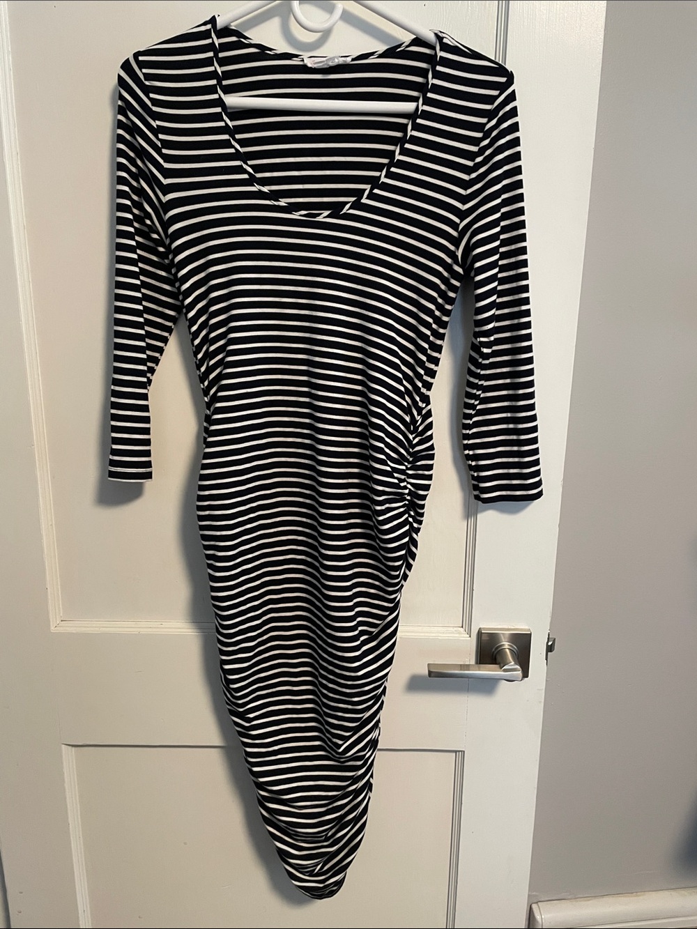 Ingrid & Isabel Black & White Striped Ruched Maternity Dress